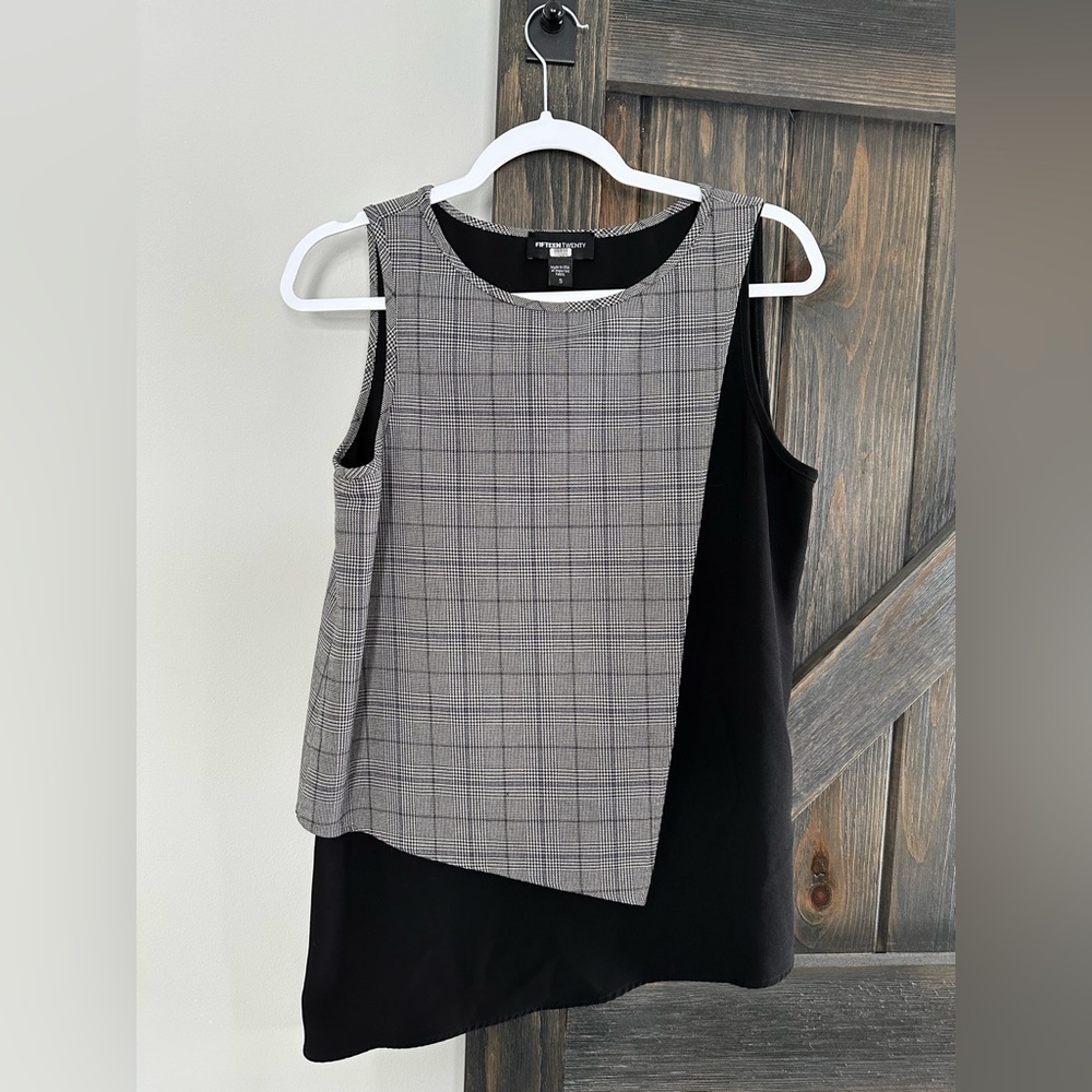 FIFTEEN‎ Twenty Blouse Round Neck Sleeveless Gingham Colorblock Black Gray Small